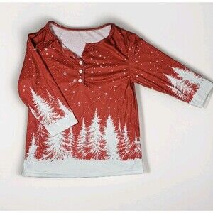 Christmas Holiday Red Blouse White Pine Trees Snowflakes Women's M 3/4 Sleeve